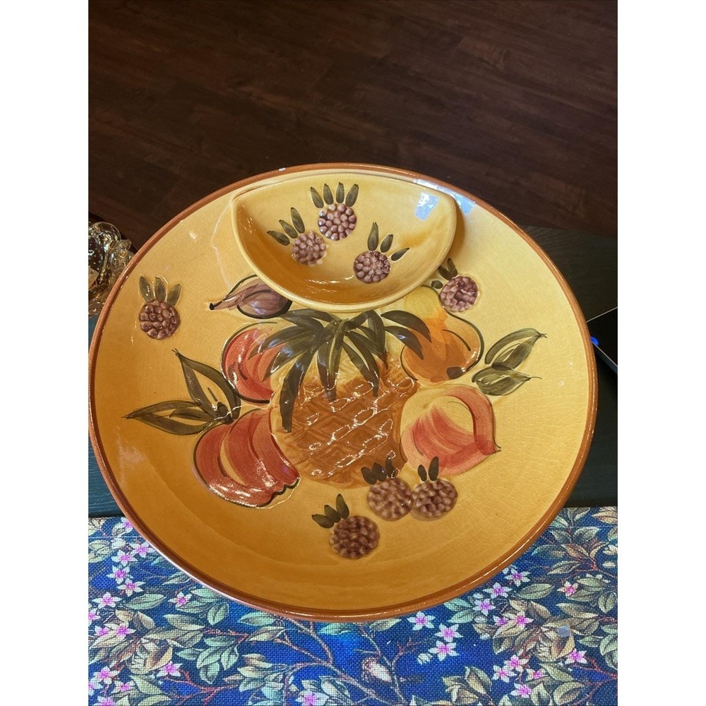 VTG MCM Los Angeles Pottery Hand Painted Fruit 14" Chip n' Dip Bowl